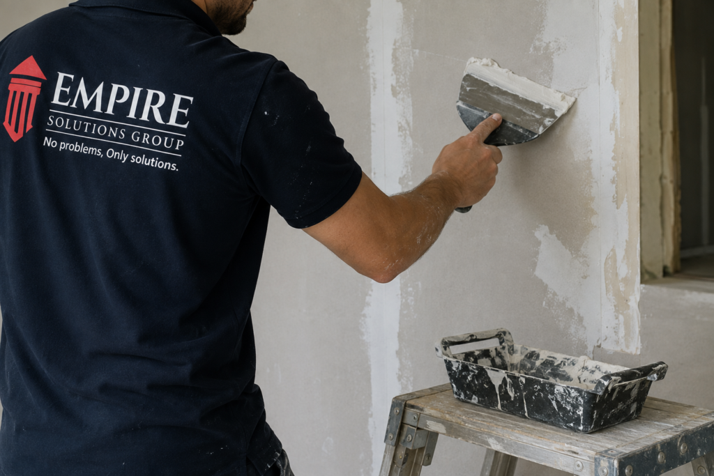 Tradesperson repairing a wall as part of building maintenance services in Western Sydney