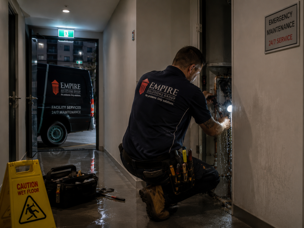 Technician performing facility maintenance as part of property and facility services in Western Sydney