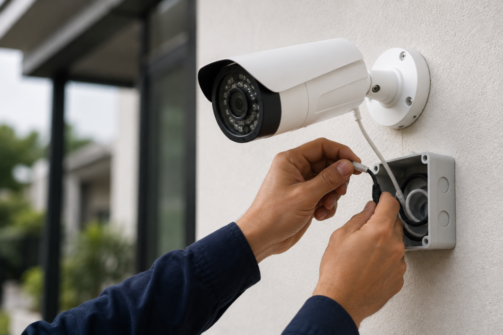Technician installing a CCTV security camera as part of security technology services in Western Sydney