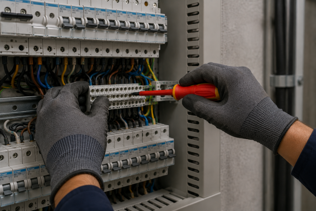 Licensed electrician working on a switchboard during an electrical services job in Western Sydney